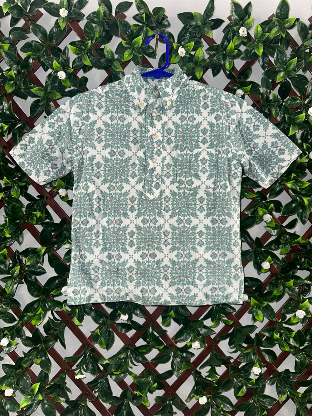 reyn spooner Green and White Floral Tile-Print Polo Shirt